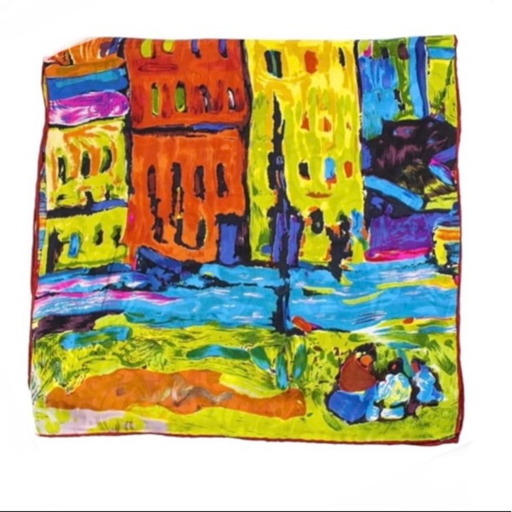 BOGO > Unique, Beautiful painted city scape print silk scarf*MINT
